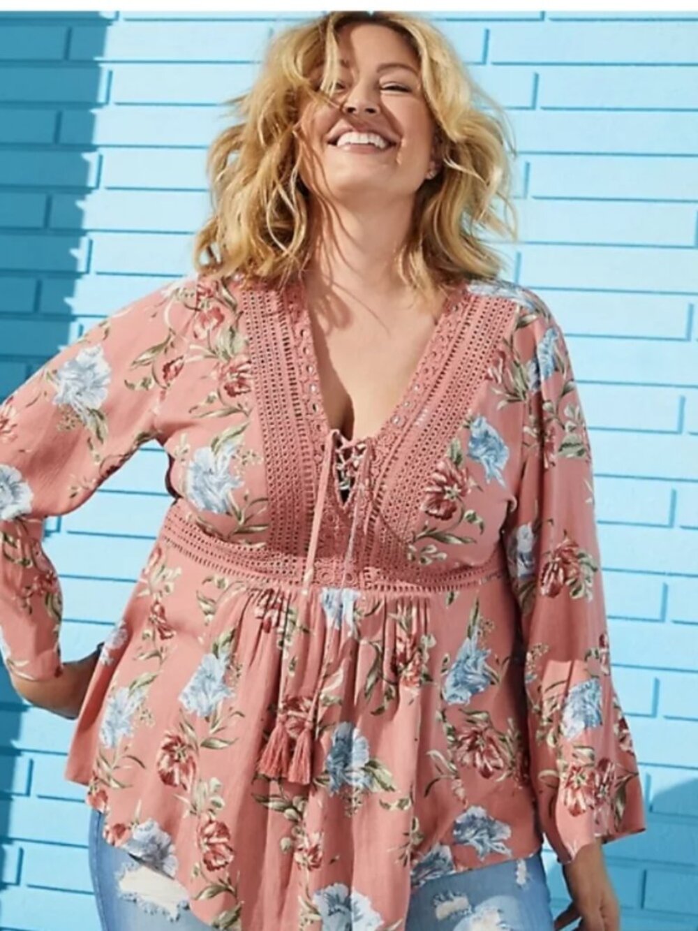 Torrid Pink Floral Babydoll Gauze Crochet Trim Lace-Up Top Bell Sleeve Size 1